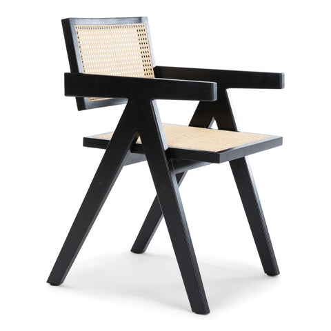 Krzesło do jadalni Ava z podłokietnikami - czarne z wiklinowym siedziskiem