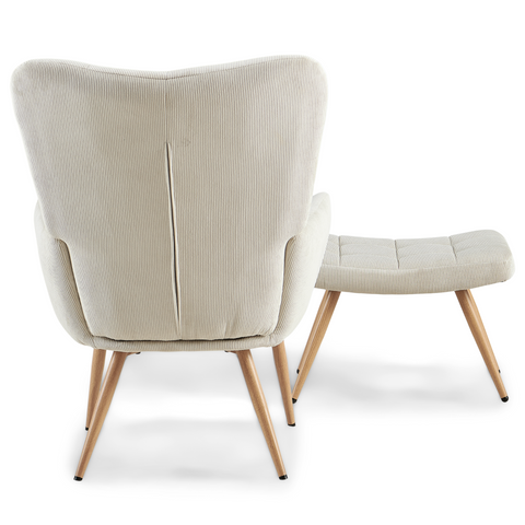 Fotel Allison ze stołkiem - beżowy aksamit o wyglądzie dębu