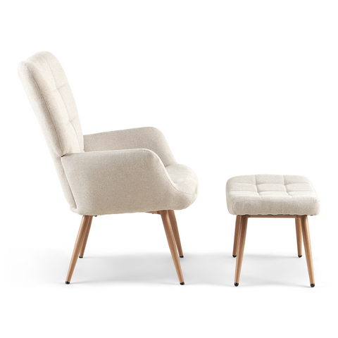 Fotel Allison ze stołkiem - beżowy materiał o wyglądzie dębu