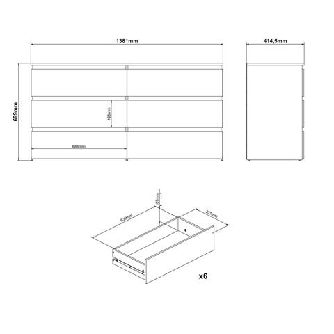 Komoda Maise 70x138x41 cm z 6 szufladami w kolorze białym