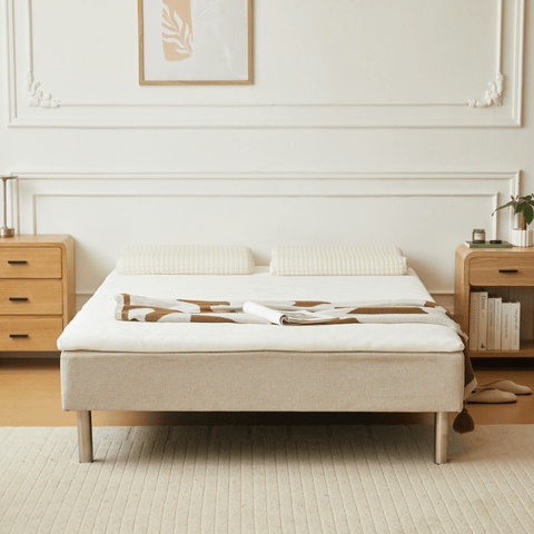 Boxspring w kolorze beżowym 140x200 cm z topperem z pianki PU 4 cm, bez nóg do łóżka