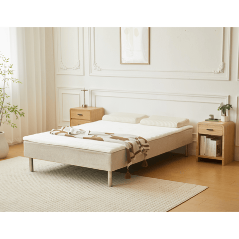 Boxspring w kolorze beżowym 140x200 cm z topperem z pianki PU 4 cm, bez nóg do łóżka