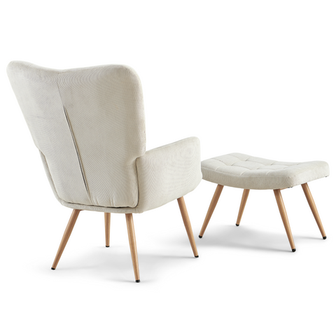 Fotel Allison ze stołkiem - beżowy aksamit o wyglądzie dębu