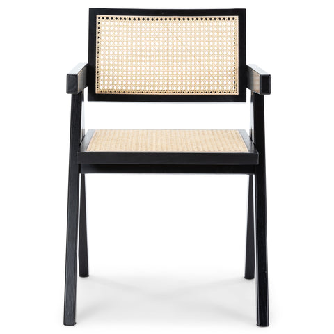 Krzesło do jadalni Ava z podłokietnikami - czarne z wiklinowym siedziskiem