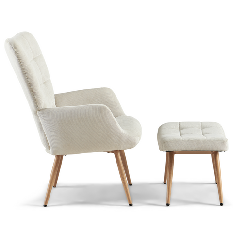 Fotel Allison ze stołkiem - beżowy aksamit o wyglądzie dębu