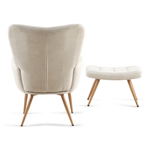 Fotel Allison ze stołkiem - beżowy materiał o wyglądzie dębu