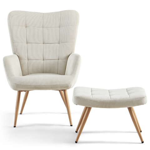 Fotel Allison ze stołkiem - beżowy aksamit o wyglądzie dębu